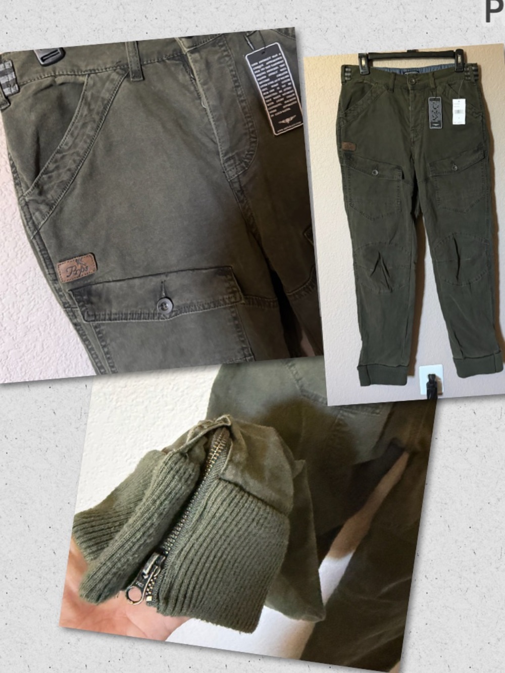 PRPS Mens 29 Army Green Cargo Pants Cuffed Side Zip Pockets Soft NWT $298